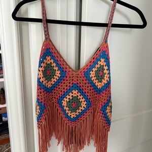 Geometric Crochet Tank Top with fringe hem
Size small/medium concert top